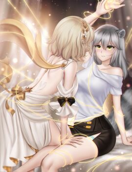 2girls aglaea_(honkai:_star_rail) animal_ears artist_name back black_bow black_shorts blonde_hair bow collarbone flower from_behind gigamessy gold_ribbon grey_hair hair_between_eyes hair_flower hair_ornament hand_on_another's_thigh hand_on_another's_wrist highres honkai:_star_rail honkai_(series) leaf light_blush light_particles medium_hair multiple_girls nervous on_bed outstretched_arm outstretched_hand parted_lips raccoon_ears raccoon_girl raccoon_tail reaching reaching_towards_another ribbon shirt short_sleeves shorts signature single_bare_shoulder single_off_shoulder sitting stelle_(honkai:_star_rail) tail thigh_strap trailblazer_(honkai:_star_rail) white_shirt yellow_eyes