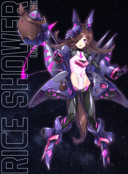 1girl absurdres animal_ears brown_hair character_name commentary_request covered_navel english_text fascinator flipped_hair groin hair_over_one_eye highres horse_ears horse_girl horse_tail leotard long_hair mecha_musume mechanical_arms mechanical_ears mechanical_hands mechanical_legs necktie open_mouth outstretched_arm pointing purple_eyes purple_necktie reverse_bunnysuit reverse_outfit rice_shower_(umamusume) see-through_clothes space star_(sky) starry_sky_background tail tilted_headwear umamusume yingjian