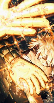 1boy arms_up bakugou_katsuki blonde_hair boku_no_hero_academia clenched_teeth commentary_request dirty dirty_face gloves highres male_focus nanash_0 short_hair sideways solo sparks spiked_hair teeth uneven_eyes wide-eyed