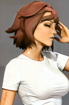 1girl absurdres ai-assisted arm_tattoo breasts closed_eyes green_eyes highres ish33r large_breasts messy_hair nel_zelpher red_hair red_tattoo shiny_skin shirt short_hair solo star_ocean star_ocean:_till_the_end_of_time sweat sweatdrop tan tattoo very_sweaty white_shirt