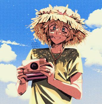 Rule 34 | 1boy, alternate costume, artist name, bandaid, bandaid on arm, bandaid on cheek, bandaid on face, basil (faraway) (omori), basil (omori), blonde hair, blue eyes, blue sky, blush, camera, cloud, commentary, day, double-parted bangs, english commentary, green shirt, hair between eyes, hat, highres, holding, holding camera, kiisaes, looking at viewer, male focus, omori, outdoors, shirt, short hair, short sleeves, sidelocks, sky, smile, solo, straw hat, sweat, t-shirt, upper body