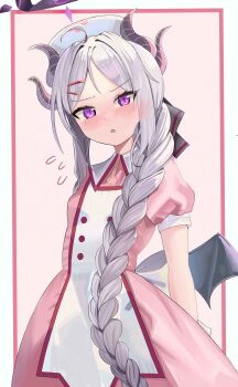 1girl absurdres ahoge black_halo blue_archive blush breasts demon_girl demon_horns demon_wings duel_monster ento_(user_jjce7387) halo hat highres horns long_hair looking_at_viewer low_wings nurse_cap open_mouth purple_eyes small_breasts solo standing very_long_hair white_hair wings yu-gi-oh!