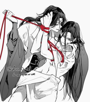 2boys arm_around_shoulder bindi black_hair black_nails bound bound_arms bound_wrists closed_mouth collarbone commentary_request cowboy_shot curtained_hair furrowed_brow groin half-closed_eyes highres hunched_over long_hair long_sleeves looking_at_another luo_binghe male_focus multiple_boys navel own_hands_together parted_bangs parted_lips pectorals renzha_fanpai_zijiu_xitong ribs sakuramochi1003 scar scar_on_leg shen_qingqiu shibari simple_background smile spot_color straight_hair topless_male twitter_username v-shaped_eyebrows very_long_hair whispering_in_ear white_background wide_sleeves yaoi zuiyin