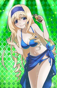 1girl bikini blonde_hair blue_bikini blue_eyes blush breasts cecilia_alcott cleavage drill_hair hairband highres infinite_stratos large_breasts leaning_forward long_hair looking_at_viewer lotion navel official_art pink_lips sarong solo sunscreen swimsuit