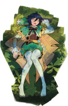 1boy ahoge aqua_cape aqua_hat aqua_shorts baggy_shorts beret black_bow black_bowtie black_hair blue_gemstone blue_hair blush border bottle bow bowtie braid brown_corset buttons cape closed_eyes commentary corset davua510 drooling drunk english_commentary feathers flower full_body gem genshin_impact gradient_hair grass green_gemstone hair_between_eyes hand_up hat hat_flower hat_ornament highres holding holding_bottle jewelry leaf_hat_ornament long_hair_between_eyes long_sleeves lying male_focus multicolored_hair no_headwear no_shoes on_back open_mouth pantyhose pendant pom_pom_(clothes) puffy_long_sleeves puffy_sleeves shirt short_hair shorts solo striped_bow striped_bowtie striped_clothes teeth twin_braids two-sided_cape two-sided_fabric unworn_hat unworn_headwear venti_(genshin_impact) vision_(genshin_impact) white_border white_flower white_pantyhose white_shirt yellow_cape