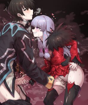 1boy 1girl absurdres agria_(tales) black_hair blunt_bangs blush brown_eyes clenched_hand clenched_teeth clothed_masturbation clothes_pull coat commentary commission dress english_commentary evil_grin evil_smile fingering freckles fur_trim grin hair_rings handjob heart hetero highres jude_mathis long_hair long_sleeves looking_at_another low-tied_sidelocks masturbation mutual_masturbation pants pants_pull penis purple_eyes pussy red_dress short_hair sidelocks smile standing steam sunnysideup surcoat sweat tales_of_(series) tales_of_xillia teeth thighhighs trembling white_hair