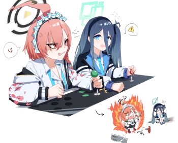 2girls absurdres angry aris_(blue_archive) blue_archive buttons chair controller fire highres joystick multiple_girls neru_(blue_archive) orange_hair playing_games plentyofempty sitting white_background