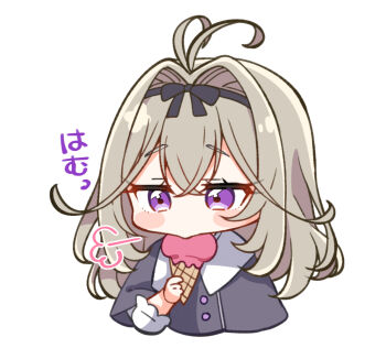 Rule 34 | 1girl, antenna hair, black bow, black capelet, black hairband, blush stickers, bow, brown hair, capelet, chibi, commentary request, cropped torso, eating, food, hair between eyes, hair bow, hair intakes, hairband, holding, holding food, ice cream, ice cream cone, jako (jakoo21), long sleeves, meitantei precure!, moria luluka, precure, purple eyes, simple background, solo, translation request, upper body, white background