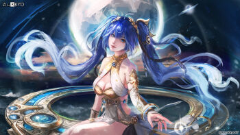 1girl armlet artist_name bare_shoulders blue_eyes blue_hair breasts cleavage closed_mouth commentary darkyo07 english_commentary gold_bra highres iuno_(wuthering_waves) jewelry laurel_crown long_hair looking_at_viewer making-of_available medium_breasts sitting smile solo thighs twintails twitter_username wuthering_waves