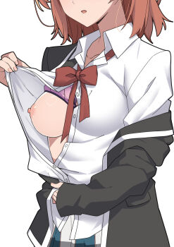 1girl black_jacket bow bowtie breasts brown_hair clothes_lift commentary_request highres jacket lifting_own_clothes medium_breasts morisobo nipples one_breast_out parted_lips red_bow red_bowtie school_uniform shirt shirt_lift solo white_shirt yahari_ore_no_seishun_lovecome_wa_machigatteiru. yuigahama_yui