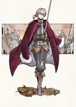 Rule 34 | 1boy, armor, blonde hair, blue eyes, boots, breastplate, brown gloves, closed mouth, coat, coat on shoulders, commentary, double-parted bangs, english commentary, full body, fur trim, gilbert (unicorn overlord), gloves, hair between eyes, herheim, highres, holding, holding sword, holding weapon, looking at viewer, male focus, ponytail, red coat, short hair, smile, solo, sword, unicorn overlord, weapon