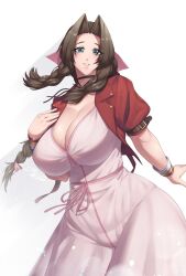 Rule 34 | 1girl, absurdres, aerith gainsborough, bracelet, breasts, brown hair, choker, cleavage, coolpsyco, curvy, female focus, final fantasy, final fantasy vii, green eyes, highres, huge breasts, jewelry, long hair, looking at viewer, solo, square enix, wide hips