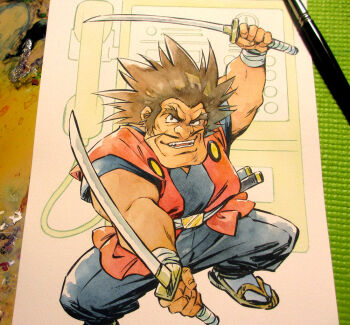 1boy agahari art_brush art_tools_in_frame black_pants black_shirt brown_eyes brown_hair commentary_request dual_wielding facial_hair foot_out_of_frame holding holding_sword holding_weapon japanese_clothes kataginu katana looking_at_viewer male_focus mashin_eiyuuden_wataru muscular muscular_male mustache open_mouth paintbrush painting_(medium) pants payphone phone photo_(medium) sandals sash sheath shirt short_sleeves smile socks solo standing sword tabi thick_eyebrows traditional_media tsurugibe_shibaraku unsheathed weapon white_sash white_socks