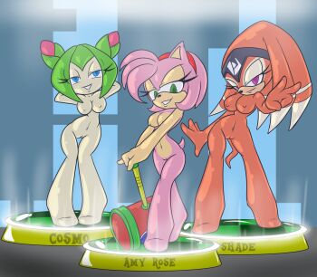 3girls amy_rose blue_eyes breasts chaoscroc commission cosmo_(sonic) cosmo_the_seedrian green_eyes green_hair hairband hammer hands_behind_own_head highres looking_at_viewer multiple_girls nude orange_hair pink_hair purple_eyes seductive_gaze shade_the_echidna smile sonic_(series)