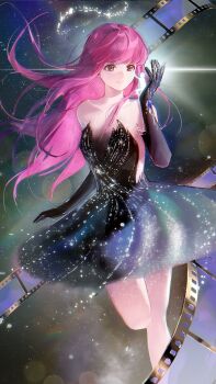 2girls absurdres artist_request bare_legs bare_shoulders black_dress black_gloves bracelet chinese_commentary circle_skirt collarbone commentary commentary_request dress elbow_gloves english_commentary film_strip floating_hair giant giantess gloves halo happy highres holding holding_mini_person infinity_symbol jewelry knee_up logo long_hair looking_at_another mini_person mixed-language_commentary multiple_girls nikki_(nikki) nikki_(series) pink_hair print_dress second-party_source shining_nikki side_slit space_print star_beyond_galaxy_(shining_nikki) starry_sky_print strapless strapless_dress textless_version very_long_hair