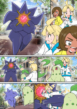 1girl 1other 2boys blonde_hair breasts chikorita gen_1_pokemon gen_2_pokemon huge_breasts jacket kidnapping leaf mega_starmie motion_lines multiple_boys nenbuta nintendo pokemon pokemon_legends:_z-a rising_star_(pokemon) running schoolboy_(pokemon) shorts starmie sweat white_jacket white_shorts