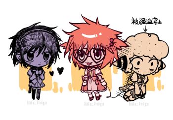 3boys akemi_homura akemi_homura_(cosplay) character_request chinese_commentary chinese_text commentary_request cosplay crossdressing dress fang glasses heart heart-shaped_eyewear highres kaname_madoka kaname_madoka_(cosplay) mahou_shoujo_madoka_magica male_focus multiple_boys noecho orange_hair randal&#039;s_friends randal_ivory sebastian_de_tomato_smith_chicken_legs short_hair translation_request tsukada_satoru