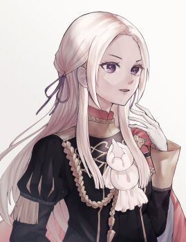 Rule 34 | 1girl, absurdres, ascot, breasts, edelgard von hresvelg, fire emblem, fire emblem: three houses, garreg mach monastery uniform, hair ribbon, highres, long hair, long sleeves, looking at viewer, miko0411, nintendo, purple eyes, purple ribbon, ribbon, solo, white ascot, white hair