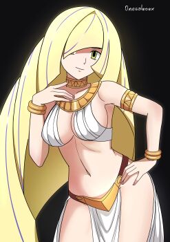 1girl absurdres alexkonakona armlet artist_name black_background blonde_hair bracelet breasts closed_mouth commentary contrapposto cowboy_shot english_commentary gold_armlet gold_bracelet green_eyes hair_over_one_eye hand_on_own_hip hand_up harem_outfit highres jewelry long_hair looking_at_viewer lusamine_(pokemon) mature_female medium_breasts midriff neck_ring nintendo pelvic_curtain pokemon pokemon_sm simple_background solo stomach very_long_hair