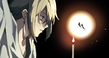 1boy black_background blonde_hair candle candlelight commentary earrings elan_ceres floating gundam gundam_suisei_no_majo hair_between_eyes hashtag-only_commentary highres jewelry male_focus n_ep_tune2 parted_lips profile shirt short_hair sidelocks silhouette solo tassel tassel_earrings upper_body white_shirt