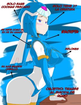 1girl android armor ass bikini_armor blue_armor blue_eyes blue_helmet blue_thighhighs blush breasts crop_top derivative_work fairy_leviathan_(mega_man) fins forehead_jewel gem head_fins helmet huge_ass joints large_breasts mega_man_(series) mega_man_zero_(series) pink_pupils polearm robot robot_girl robot_joints simple_background sleeveless solo thighhighs turtleneck weapon