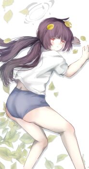 1girl absurdres alternate_hairstyle black_hair blue_archive buruma gym_shirt gym_uniform halo highres hime_cut leaf leaf_on_head long_hair looking_at_viewer lorie_rie low_twintails miyu_(blue_archive) rabbit_platoon_(blue_archive) red_eyes shirt short_sleeves simple_background solo twintails white_shirt