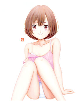 Rule 34 | 1girl, arm support, arms at sides, artist name, bare shoulders, blush, bob cut, bra, breasts, brown eyes, brown hair, camisole, closed mouth, collarbone, commentary, feet out of frame, hair between eyes, knees together feet apart, knees up, kouzuki mahiru, loose hair strand, no pants, painting (medium), panties, pink camisole, short hair, signature, simple background, sitting, small breasts, smile, solo, spaghetti strap, traditional media, underwear, watercolor (medium), white background, white bra, white panties, y takeshinu wan, yoru no kurage wa oyogenai