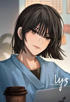 1girl alternate_universe asamanemo black_eyes black_shirt blue_shirt bob_cut commentary computer cup disposable_cup english_commentary expressionless han_sooyoung head_tilt highres laptop looking_at_viewer mole mole_under_eye omniscient_reader's_viewpoint shirt solo undershirt