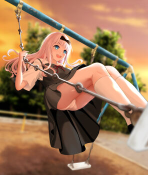 1girl black_bow black_dress blue_eyes blunt_bangs bow breasts cloud commentary_request dress fujiwara_chika gibun_(sozoshu) hair_bow highres kaguya-sama_wa_kokurasetai_~tensai-tachi_no_renai_zunousen~ kneehighs large_breasts legs long_hair on_swing open_mouth orange_sky outdoors panties pantyshot pink_hair revision school_uniform shuuchiin_academy_school_uniform sky smile socks solo standing standing_on_swing summer_uniform sunset swing swinging_on_swing teeth thighs underwear upper_teeth_only upskirt