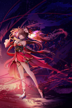 1girl absurdres arm_behind_back bare_shoulders black_gloves black_sandals breasts brown_hair cleavage collarbone fox_mask gloves gun handgun highres holding holding_gun holding_weapon hong_su0 honkai:_star_rail honkai_(series) japanese_clothes kimono long_hair long_sleeves looking_at_viewer mask mask_on_head medium_breasts mole mole_under_each_eye mole_under_eye multiple_moles o-ring o-ring_thigh_strap open_mouth pink_eyes red_kimono sandals smile solo sparkle_(honkai:_star_rail) thigh_strap twintails very_long_hair weapon wide_sleeves