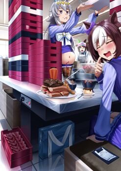 3girls absurdres animal_ears apron big_belly black_apron blue_eyes blush booth_seating bow bowtie braid breasts brown_hair carrot chopsticks closed_eyes closed_mouth collared_shirt ear_bow ear_covers ear_ornament eating food glutton green_eyes grey_hair hair_between_eyes hair_ornament hairband hat highres holding holding_chopsticks holding_tray horse_ears horse_girl indoors ines_fujin_(umamusume) long_hair long_sleeves manjo_(warito) meat multicolored_hair multiple_girls navel oguri_cap_(umamusume) open_mouth pizza purple_bow purple_sailor_collar purple_serafuku purple_shirt purple_skirt restaurant sailor_collar sailor_shirt school_uniform serafuku shirt short_hair side_ponytail single_ear_cover skirt smile soda special_week_(umamusume) stomach tracen_school_uniform tray two-tone_hair umamusume visor_cap white_bow white_bowtie white_hair white_shirt