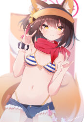 Rule 34 | 1girl, absurdres, animal ears, bead bracelet, beads, bikini, blue archive, blurry, blurry background, blush, bracelet, breasts, brown hair, closed mouth, cowboy shot, cutoffs, dutch angle, flower, fox ears, fox girl, fox shadow puppet, fox tail, front-tie bikini top, front-tie top, hair flower, hair ornament, halo, hands up, highleg, highleg bikini, highres, izuna (blue archive), jewelry, light smile, looking at viewer, micro shorts, navel, pom pom (clothes), red halo, red scarf, satoh vrc, scarf, scrunchie, shorts, sign, small breasts, solo, stomach, striped bikini, striped clothes, swimsuit, tail, white background, wrist scrunchie, yellow eyes
