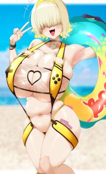 +++ 1girl absurdres aizawa_marimo areola_slip armpits belly black_choker blonde_hair blush breasts breasts_squeezed_together breath choker cleavage cleavage_cutout clothing_cutout colored_inner_hair commentary condom condom_wrapper condom_wrapper_in_clothes covered_erect_nipples curvy dark_areolae elegg_(boom_and_shock)_(nikke) elegg_(nikke) facing_viewer fang feet_out_of_frame game_controller_print goddess_of_victory:_nikke hair_intakes hair_over_eyes heart_cutout highres huge_breasts innertube large_areolae laughing long_bangs multicolored_hair navel official_alternate_costume open_mouth see-through_slingshot_swimsuit short_hair signature simple_background slingshot_swimsuit smile solo standing stomach sweat swim_ring swimsuit v white_background wristband yellow_slingshot_swimsuit