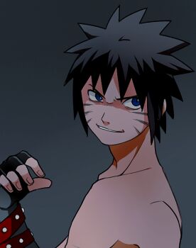 1boy artist_request black_hair blue_eyes elbow_gloves facial_mark fingerless_gloves gloves male_focus naruto:_road_to_ninja naruto_(series) naruto_shippuuden ninja simple_background smile solo spiked_hair uzumaki_menma whisker_markings whiskers