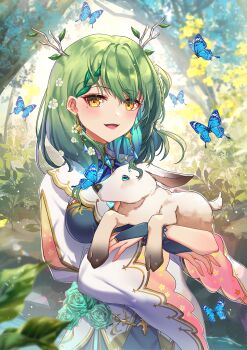 1girl animal antlers blue_butterfly blue_eyes breasts bug butterfly ceres_fauna ceres_fauna_(1st_costume) commentary_request earrings flower forest green_flower green_hair green_rose hair_flower hair_ornament hanh_chu highres holding holding_animal hololive hololive_english horns insect jewelry leaf mole mole_under_eye multicolored_hair nature open_mouth rose two-tone_hair virtual_youtuber white_flower wide_sleeves yellow_eyes