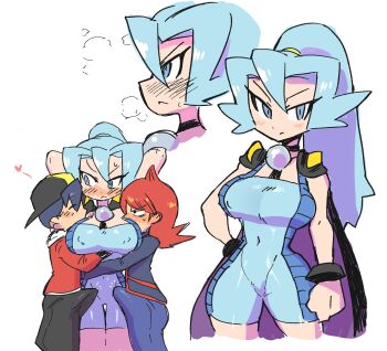 1girl 2boys blue_eyes blue_hair bodysuit breasts bulge cape clair_(pokemon) embarrassed erection erection_under_clothes ethan_(pokemon) heart highres hiryou_man_(crap-man) large_breasts multiple_boys nintendo pokemon rariatto_(ganguri) red_hair shota silver_(pokemon)