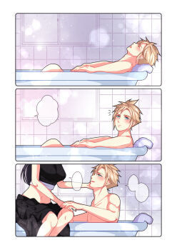 1boy 1girl apron babigonice bathing bathroom bathtub black_apron black_shorts black_vest blonde_hair blue_eyes blush breasts cloud_strife commentary couple crop_top final_fantasy final_fantasy_vii final_fantasy_vii:_advent_children from_side hand_on_another's_cheek hand_on_another's_face highres indoors looking_at_another medium_breasts midriff navel notice_lines nude sequential short_hair shorts sitting speech_bubble spiked_hair steam symbol-only_commentary tank_top tifa_lockhart upper_body vest waist_apron white_tank_top