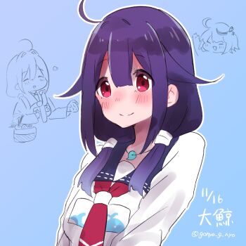 2girls ahoge animal_print blue_sailor_collar character_name dated fish_print hair_flaps highres i-58_(kancolle) kantai_collection long_hair low_twintails magatama mcmcknk multiple_girls neckerchief one-hour_drawing_challenge purple_hair red_eyes red_neckerchief sailor_collar school_uniform serafuku solo_focus taigei_(kancolle) twintails upper_body whale_print