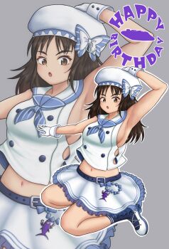 Rule 34 | 1girl, absurdres, amanone yun, armpits, blush, breasts, brown eyes, brown hair, girls und panzer, grey background, happy birthday, hat, highres, large breasts, long hair, looking at viewer, midriff, multiple views, murakami (girls und panzer), navel, open mouth, presenting armpit, sideboob, simple background, skirt