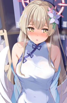 1girl against_bookshelf alternate_costume bare_shoulders blue_archive blush braid breasts china_dress chinese_clothes commentary_request crown_braid dress embarrassed feathered_wings file flower hair_flower hair_ornament halo heavy_breathing highres konka light_brown_hair looking_to_the_side low_wings medium_breasts nagisa_(blue_archive) nose_blush off_shoulder open_mouth red_halo sleeveless sleeveless_dress solo sweat upper_body white_dress white_wings wings yellow_eyes
