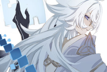 Rule 34 | 1girl, bare shoulders, black gloves, blue eyes, blurry, blurry background, colored skin, commentary, curly hair, depth of field, detached sleeves, from side, genshin impact, glasses, gloves, hair between eyes, hair intakes, hand up, highres, leaning forward, long hair, long sleeves, looking at viewer, looking to the side, multicolored skin, naberius (genshin impact), nail polish, naruse azusa, parted lips, powering up, simple background, solo, two-tone skin, very long hair, white background, white hair, wide sleeves