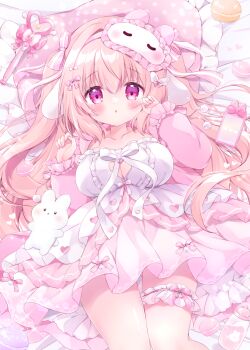 1girl animal_ears blush bow bow_hair_ornament breasts chiika_(cure_cherish) cleavage clothing_cutout dress frills hair_ornament large_breasts long_hair looking_at_viewer lying mask on_back original pillow pink_eyes pink_hair sleep_mask solo wing_hair_ornament yume_kawaii