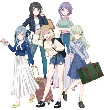 Rule 34 | 5girls, ave mujica (bang dream!), backpack, bag, bang dream!, bang dream! it's mygo!!!!!, baseball cap, bead necklace, beads, belt, black bag, black belt, black footwear, black hair, black jacket, black ribbon, blue cardigan, blue eyes, blue hair, blue pants, blue shirt, blue shorts, blue skirt, bow, bowtie, breasts, brown bag, brown belt, brown hat, cardigan, crop top, dress, earrings, green hair, grey bow, grey bowtie, grey footwear, grey shirt, hair ornament, hair ribbon, hairclip, hand on own hip, hat, highres, jacket, japan railways, jewelry, long hair, long sleeves, medium breasts, medium hair, midriff, misumi uika, multiple girls, multiple rings, necklace, official art, one eye closed, open clothes, open jacket, open mouth, pants, pink eyes, plaid clothes, plaid skirt, purple eyes, purple hair, ribbon, ring, rolling suitcase, shirt, short hair, short shorts, shorts, sidelocks, simple background, skirt, suitcase, sweater, sweater partially tucked in, teeth, togawa sakiko, torn clothes, torn pants, transparent background, upper teeth only, wakaba mutsumi, white dress, white shirt, white sweater, yahata umiri, yellow eyes, yuutenji nyamu