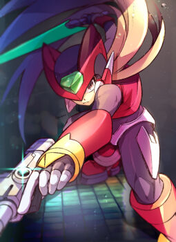 Rule 34 | 1boy, asymmetrical dual wielding, blonde hair, closed mouth, commentary request, dual wielding, fighting stance, gun, holding, holding gun, holding sword, holding weapon, light particles, long hair, looking at viewer, male focus, mega man (series), outstretched arm, pechka, solo, sword, water drop, weapon, zero(z) (mega man), zero (mega man)