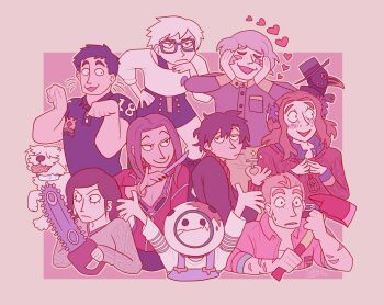 1other 4girls 5boys :3 arms_up axe black_hair blonde_hair blush blush_stickers bra breast_pocket breasts brooch brown_hair buttons cable_knit carlos_(kyokugen_dasshutsu) chainsaw cheese cleavage closed_eyes closed_mouth collared_shirt commentary crack diana_(kyokugen_dasshutsu) dog english_commentary eric_(kyokugen_dasshutsu) eyelashes flat_color flower food food_in_mouth freckles gab_(kyokugen_dasshutsu) hair_flower hair_ornament hand_on_own_chin hand_on_own_hip hands_on_own_face hat heart helmet holding holding_axe holding_chainsaw holding_jewelry holding_ring holding_scalpel jacket jewelry junpei_(kyokugen_dasshutsu) kurashiki_akane kyokugen_dasshutsu long_sleeves mask mira_(kyokugen_dasshutsu) mismatched_eyebrows multiple_boys multiple_girls necklace open_clothes open_jacket open_mouth outline overalls partially_unzipped paw_pose phi_(kyokugen_dasshutsu) plague_doctor_mask pocket q_(kyokugen_dasshutsu) rectangular_eyewear ring rust sagutoyas scalpel shirt shirt_under_sweater short_hair short_sleeves shorts sigma_(kyokugen_dasshutsu) smile sparkle sweat thick_eyebrows underwear v-shaped_eyebrows very_short_hair whiskers white_hair wide_brim zero_escape:_toki_no_dilemma zero_ii_(kyokugen_dasshutsu)