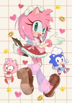 >_o 1boy 1girl amy_rose apron blue_fur bow bowtie chef chef_hat chibi chibi_inset clipboard commentary_request frilled_skirt frills from_behind full_body furry furry_female furry_male gloves green_eyes grid_background hat heart hedgehog_boy hedgehog_girl highres holding holding_clipboard holding_ladle konjiki_ringo ladle leg_warmers loafers long_eyelashes looking_at_viewer looking_back maid_headdress one_eye_closed open_mouth pink_fur ring_(sonic) see-through_leg_warmers shoes skirt smile sonic_(series) sonic_the_hedgehog star_(symbol) waitress