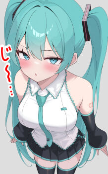 1girl aqua_eyes aqua_hair aqua_necktie bare_shoulders black_sleeves blush breasts detached_sleeves eikawa_suru grey_background grey_shirt hatsune_miku headset highres large_breasts long_hair looking_at_viewer necktie number_tattoo shirt simple_background skirt sleeveless sleeveless_shirt solo tattoo thighhighs twintails vocaloid