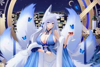 1girl alcohol animal_ear_fluff animal_ears azur_lane bare_shoulders blue_butterfly blue_collar blue_dress blue_eyes blue_flower bottle breasts bug butterfly city_lights cityscape cleavage collar collarbone commentary_request crescent_moon cupping_glass de-zeru dress evening_gown feather_boa flower fox_ears fox_girl hair_flower hair_ornament halter_dress halterneck highres huge_breasts insect kitsune kyuubi large_tail long_hair looking_at_viewer moon multiple_tails night night_sky official_alternate_costume red_wine shinano_(azur_lane) shinano_(dreams_of_the_hazy_moon)_(azur_lane) sky solo tail two-tone_dress very_long_hair white_dress white_flower white_tail wine wine_bottle wrist_flower