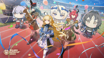3girls balloon black_dress blonde_hair braid camellya_(wuthering_waves) camellya_mascot_(meme) ciaccona_(wuthering_waves) closed_mouth commentary dress english_commentary epaulettes fleurdelys_(wuthering_waves) gloves grey_hair hair_ornament highres holding holding_instrument horns instrument ishida_tatsuki jacket logo long_hair low_twin_braids mascot medium_hair meme multiple_girls official_art outdoors phoebus phrolova_(wuthering_waves) pointy_ears purple_eyes red_hair second-party_source skirt smile tacet_mark_(wuthering_waves) tree_horns twin_braids white_gloves white_jacket white_skirt wuthering_waves x_hair_ornament yangyang_(wuthering_waves)