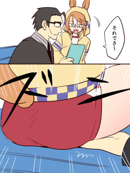 1boy 1girl animal_ears brown_hair commentary_request dicta_striker_(umamusume) ear_ornament ears_through_headwear ears_through_hood glasses gym_uniform hair_between_eyes highres ho_1000_ka hood hooded_jacket hoodie horse_ears horse_girl horse_tail jacket kouchi_tadashi long_sleeves multicolored_hair open_mouth shirt short_hair shorts sitting sitting_on_hand streaked_hair tail umamusume umamusume:_cinderella_gray white_hair yellow_eyes yellow_hood yellow_hoodie yellow_jacket